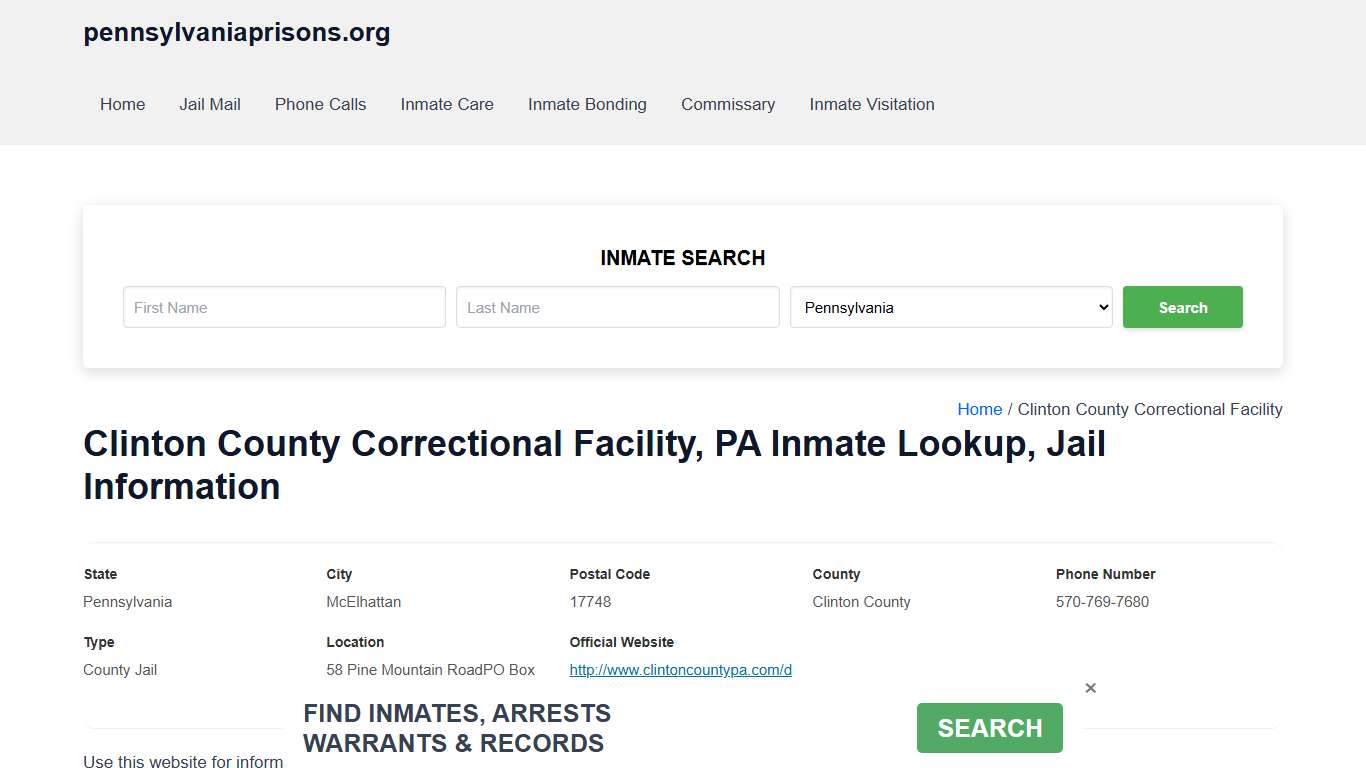 Clinton County Correctional Facility, PA - Offender Locator, Contacts, Inmate Info