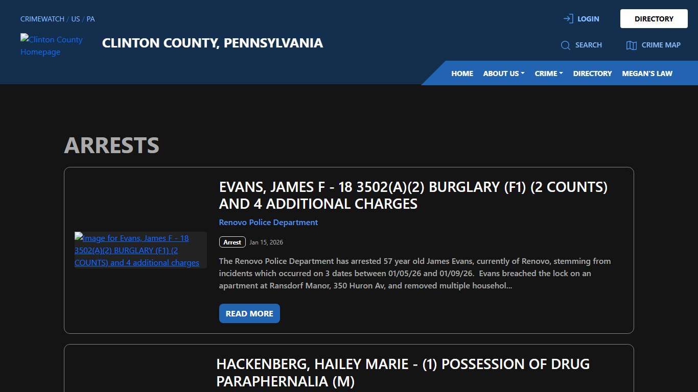 Arrests for Clinton County, Pennsylvania CRIMEWATCH